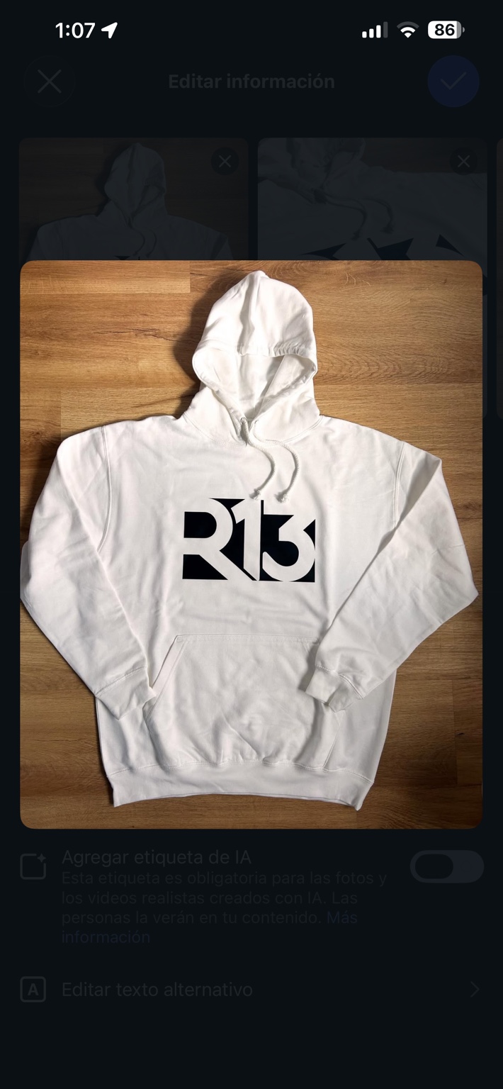 Sudadera R13 Blanco con capucha y logo frontal