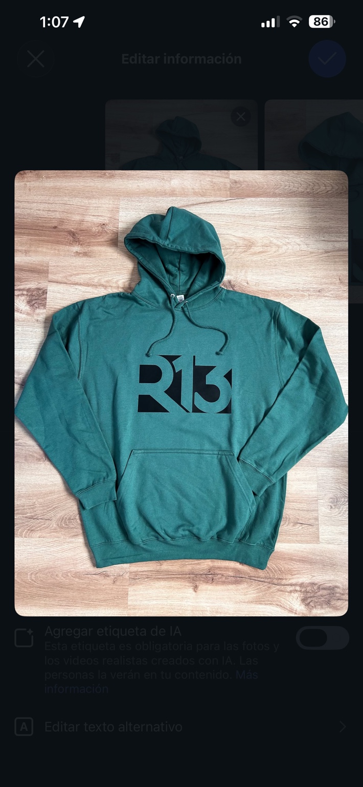Sudadera R13 Moss verde con capucha y logo frontal